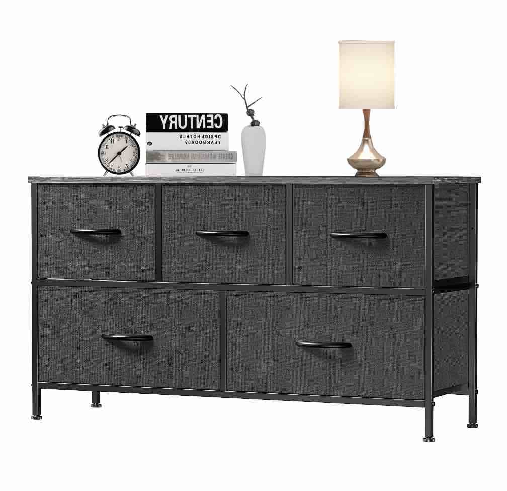edx 5 drawer dresser, wide chest of drawers nightstand storage tower storage fabric dresser with wood top for living room, bedroom, hallway,black
