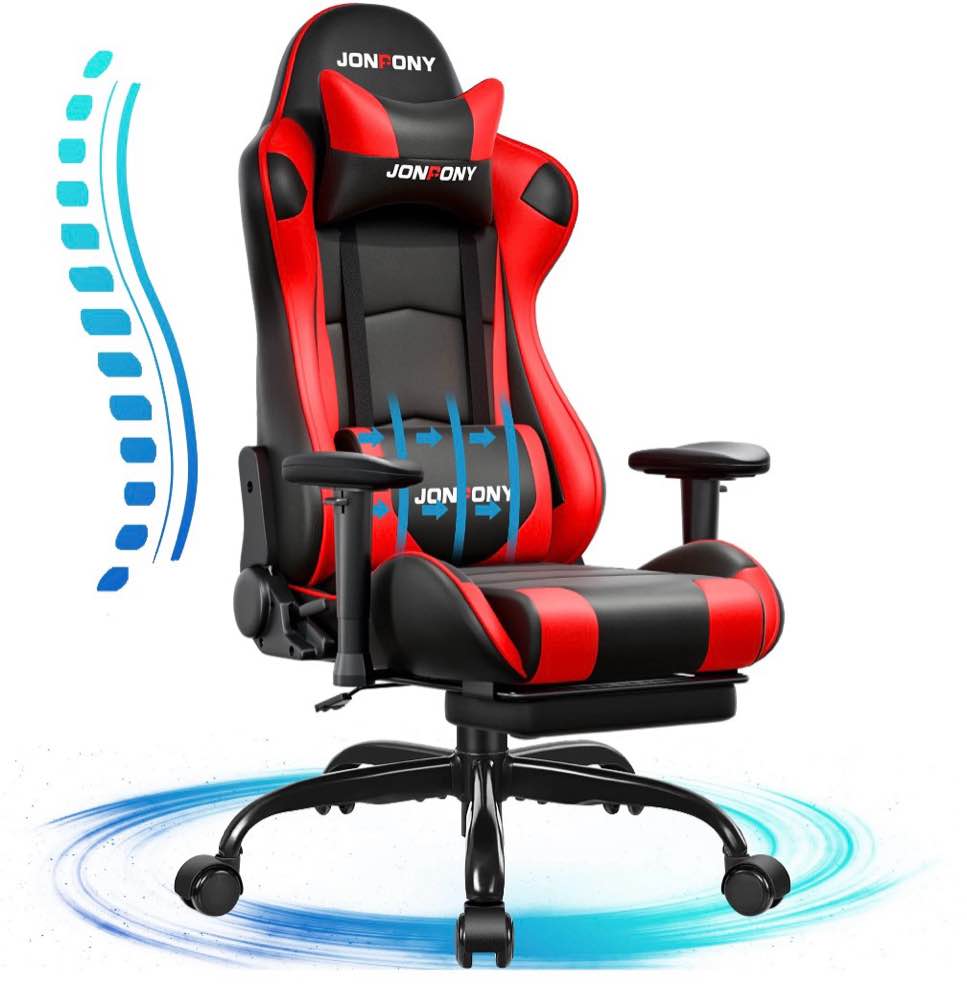 jonpony big and tall 500lbs gaming chair, ergonomic design, gamer chair pu leather with footrest and lumbar support, high back office chair support 8 hours long sitting,red computer chair,red