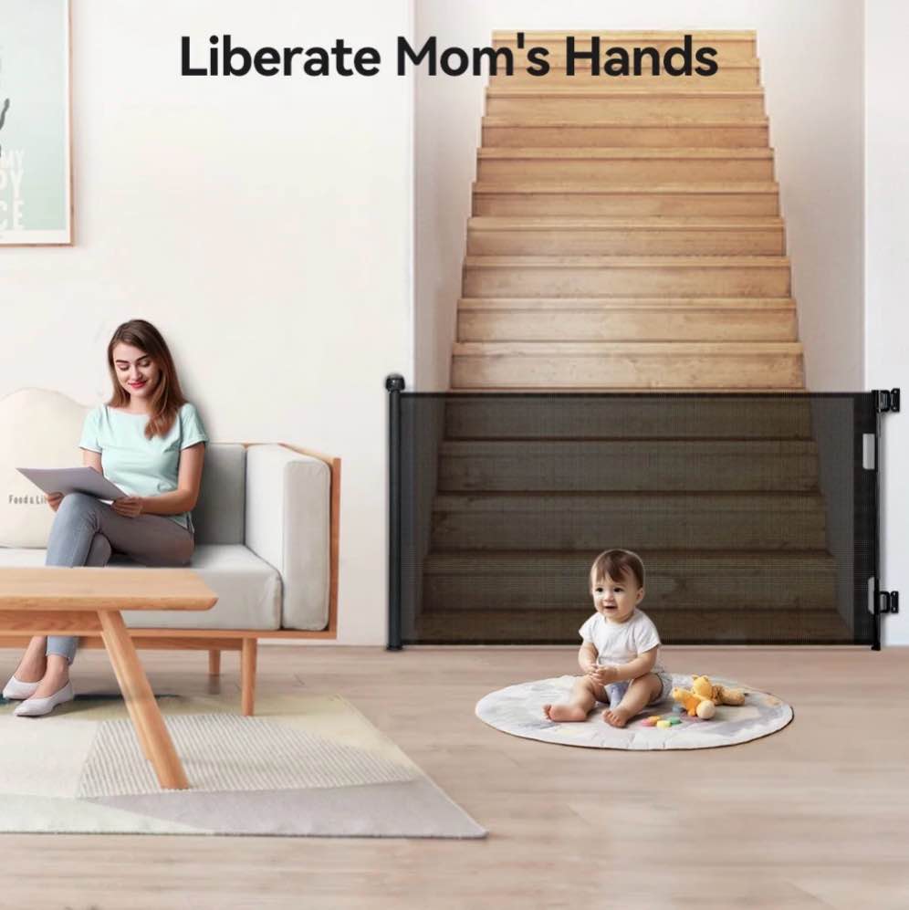 Condition photo showing New/Like New for Retractable Mesh Baby Gate, Safety Gates for Stairs Doorway, 33''Tall Extends to 71''Wide, Black