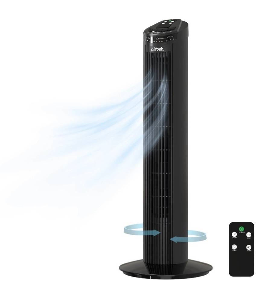 airtek tower fan, 3-speed oscillating fan with multi-function remote control, 29”