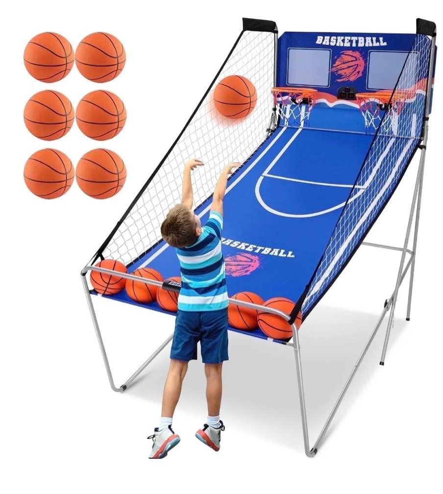 dual shot basketball arcade game, segmart 81"x44" foldable indoor electronic arcade basketball game with 6 balls, 8 modes, led scoreboard, air pump, battery powered for adults, blue