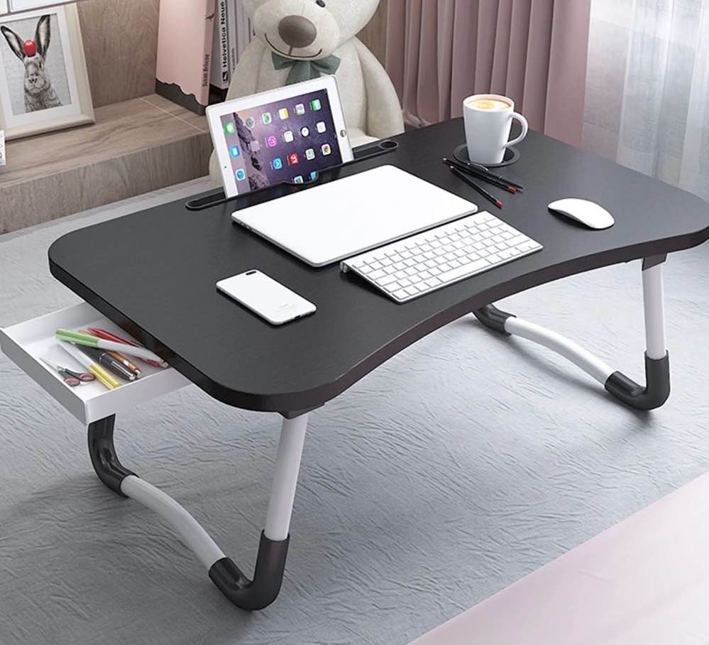 phancir foldable lap desk  23.6 inch portable wood laptop desk table workspace organizer bed tray with ipad slots  cup holder and drawer  anti-slip for working reading writing  eating  watching-black
