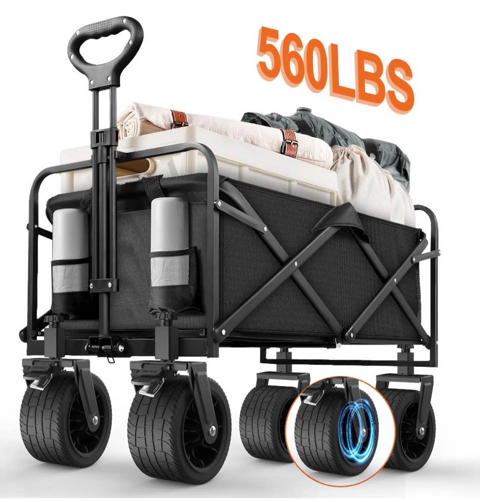 qunler large collapsible folding wagon, 560 lbs heavy duty big bucket utility garden cart with oversized tank wheels for sports, shopping, camping, kids, black