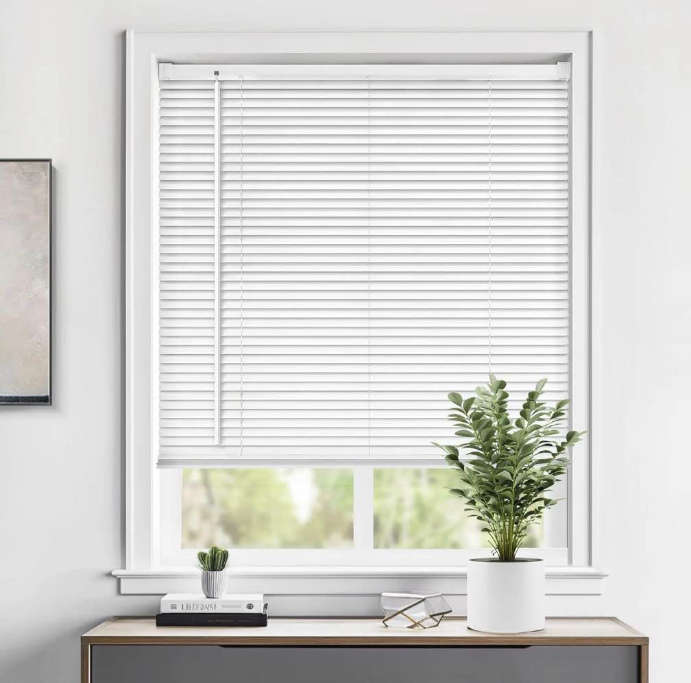lazblinds cordless 1" vinyl horizontal mini blinds, light filtering blinds for windows, blinds and shades for windows size 34" w x 64" h, white