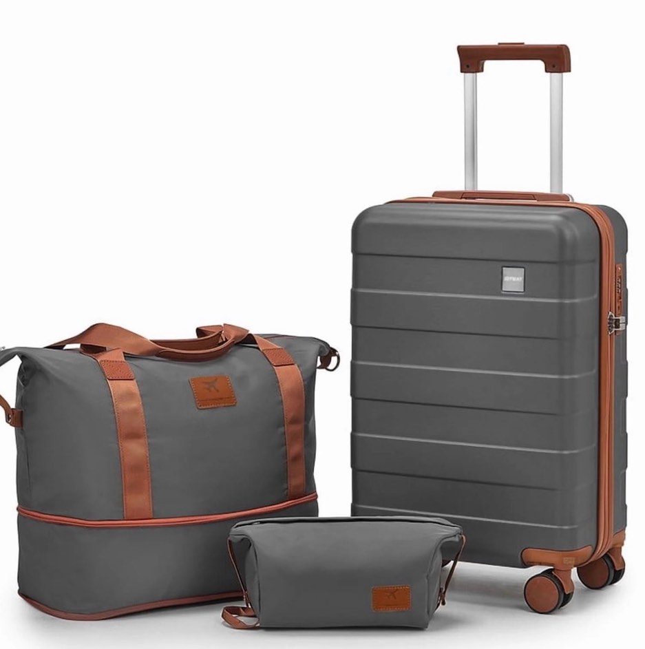 joyway 3-piece luggage set 20-inch carry-on suitcase with spinner wheels tsa lock travel duffel bag and toiletry bag hardside lightweight luggage grey