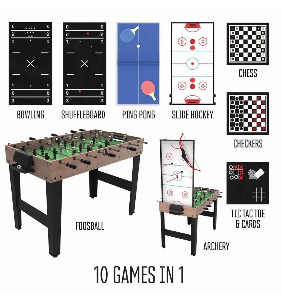 realplay tzumi 10-in-1 multi game table for arcade games with basketball, foosball, ping pong, and more