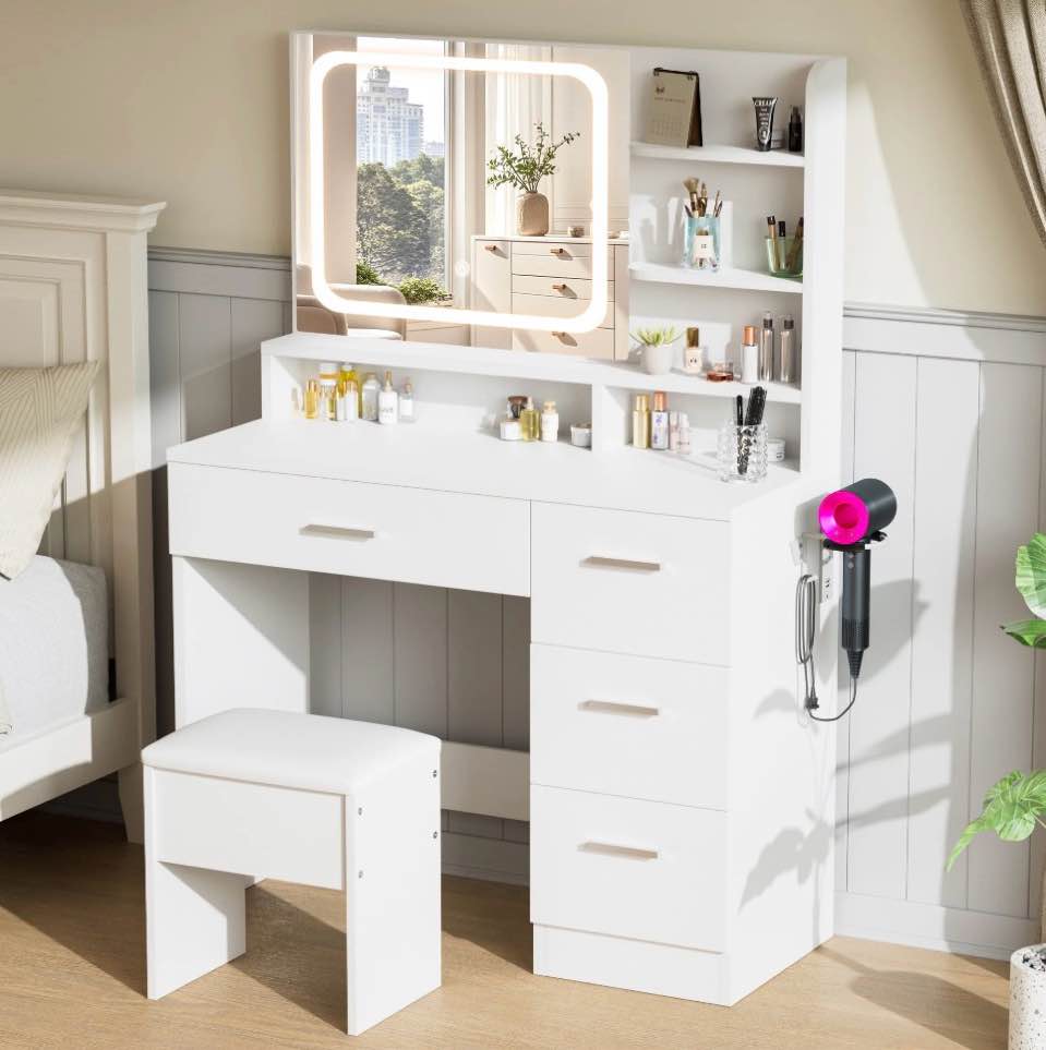 livelyglow vanity set with stool,smart led mirror makeup vanity set with power outlet,vanity dressing table for bedroom,white