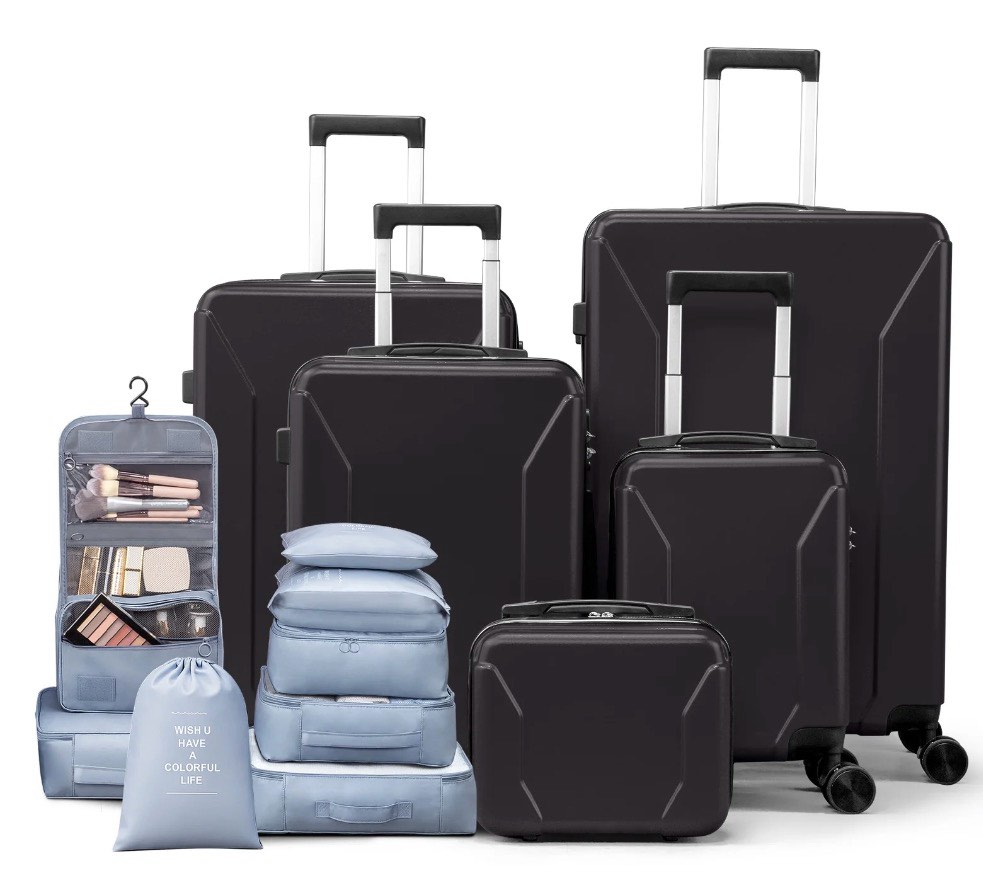 zimtown 5-piece luggage set with 8 packing cubes, hard shell suitcase set with spinner wheels built-in tsa lock, black