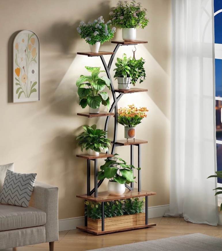 plant stand with grow lights, biemlerfn 67" tall plant shelf indoor, 8 tier display rack, tree-shape metal flower holder for home living room office, brown