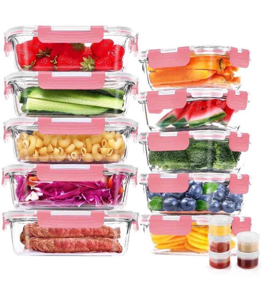 30 pcs glass food storage containers with lids, glass airtight meal prep container set for lunch, kitchen pantry organizers and storage, leak proof, pink