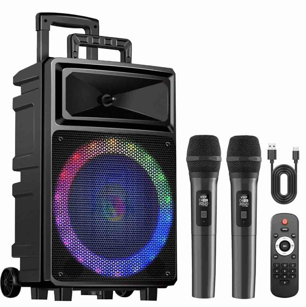 seenda karaoke machine with 2 wireless microphones, bluetooth speaker, and portable pa system – includes fm radio and 12" woofer for party