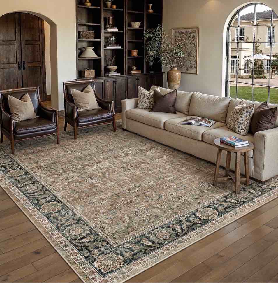 berthmeer 5'x7' area rugs for living room vintage brown and green rugs for bedroom kitchen non slip washable carpets oriental distressed home office dorm dining room traditional distressed throw rugs