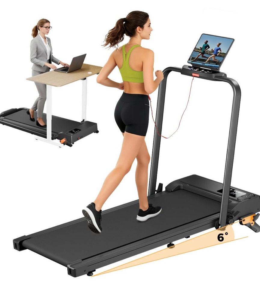 folding treadmill with incline, 2 in 1 portable walking pad with handle bar for home and office, 2.5 hp quiet walking jogging running machine with remote control, led display