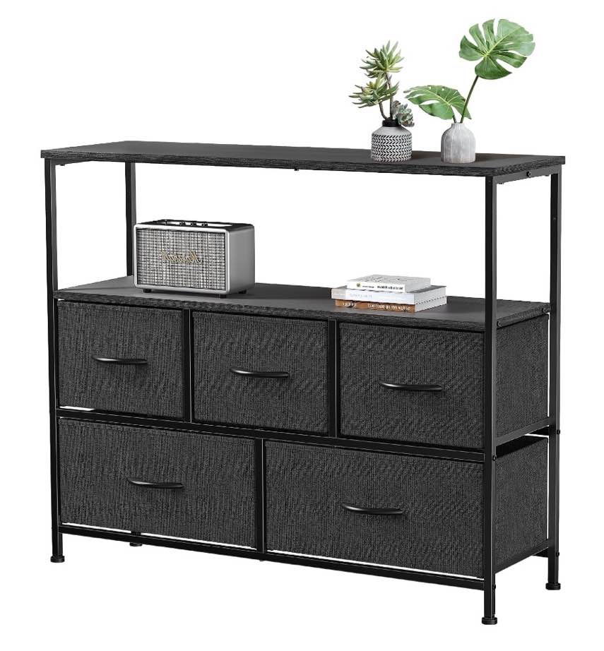 edx dresser tv stand, entertainment center with fabric drawers, media console table with open shelves for tv up to 45 inch for bedroom, living room, entryway, black