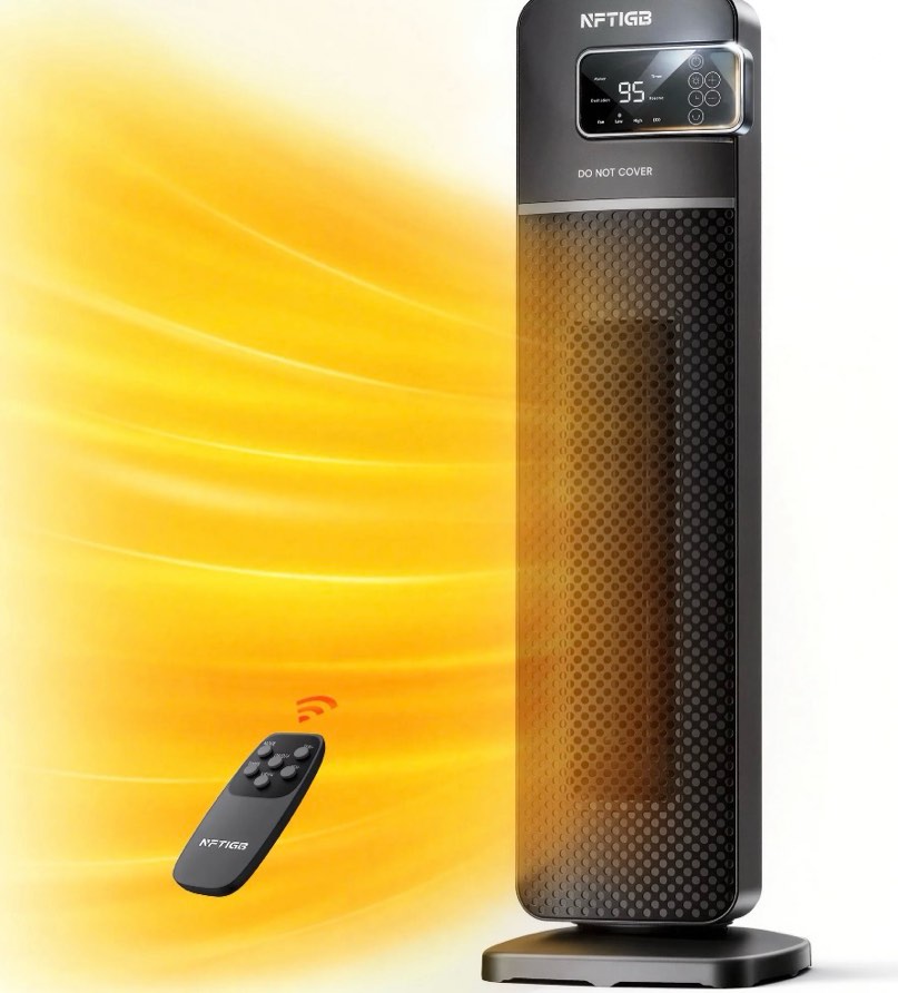 nftigb 24" tower heater, 1500w ptc ceramic electric space heater with digital thermostat, remote, 70° oscillation, eco mode and safety tip-over protection, gray