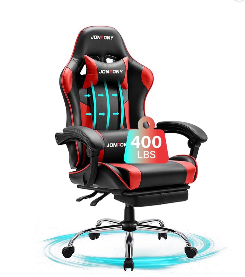 jonpony big and tall gaming chair, ergonomic design, gamer chair pu leather with footrest and lumbar support, high back office chair support 8 hours long sitting, computer chair,black red