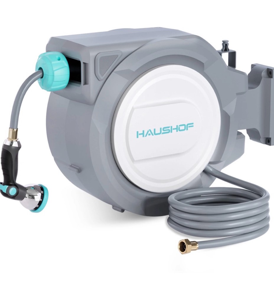 haushof 1/2" x 100 ft retractable garden hose reel with automatic rewind, 10-pattern spray nozzle, durable high-pressure hose, and 180° swivel bracket – perfect for watering gardens, cleaning patios
