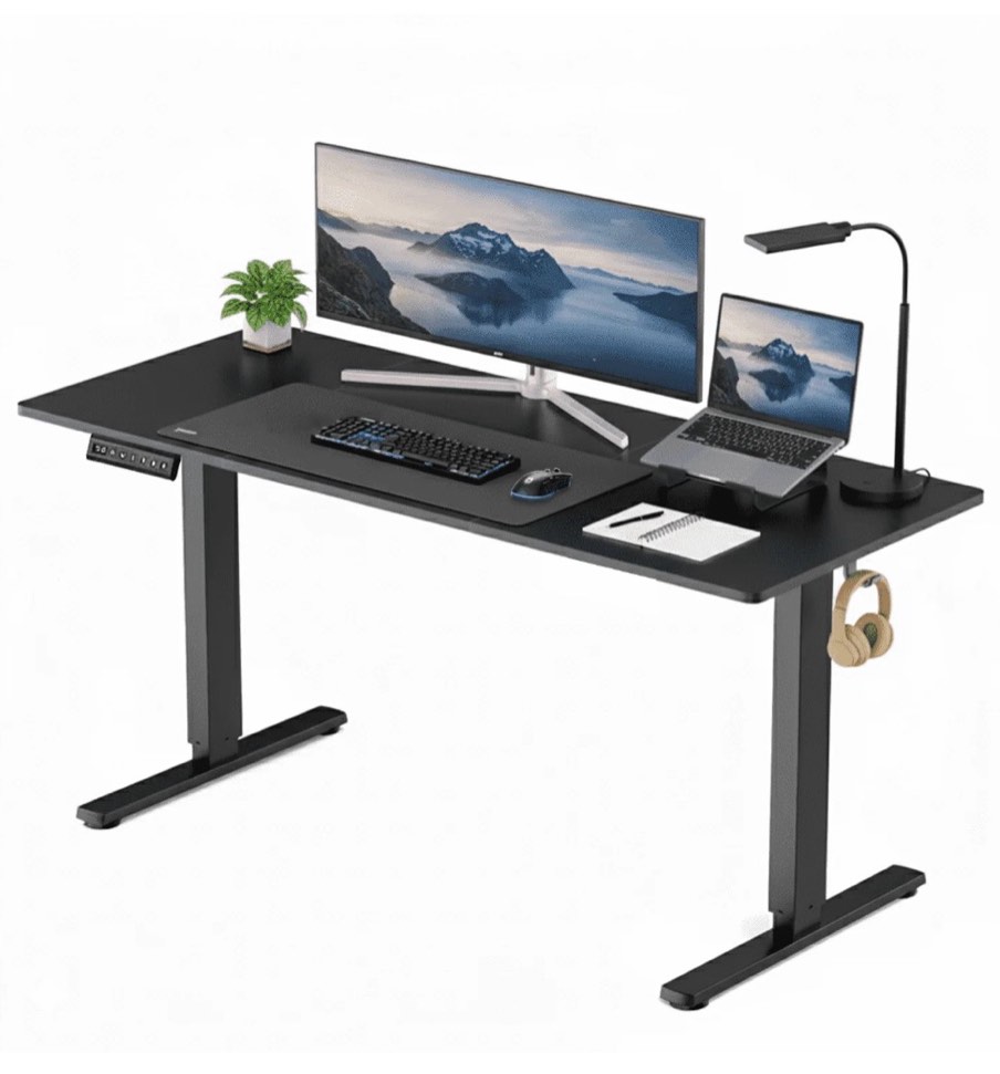 concetta electric height adjustable desk, 63"x24" ergonomic sit stand workstation, one-touch lift home office desk, black