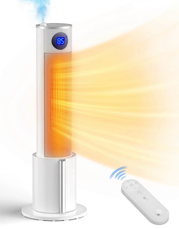 flamemore 25.5" space heater with ultrasonic humidifier, 1500w fast heating with thermostat, remote, oscillating, 12h timer, 1l water tank