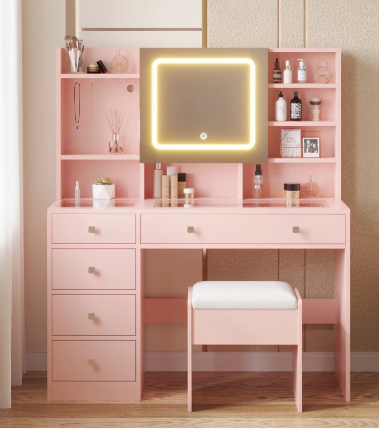 ktaxon large 47.2" makeup vanity with 3 color lights, dressing table with usb charging station, light pink