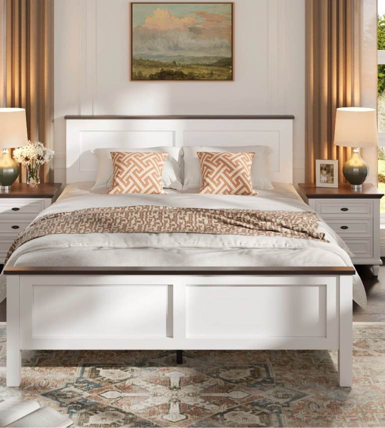 uhomepro full size bed frame, wooden platform bed with headboard and footboard, strong wood slats support, farmhouse style full bed frame, no box spring needed, white