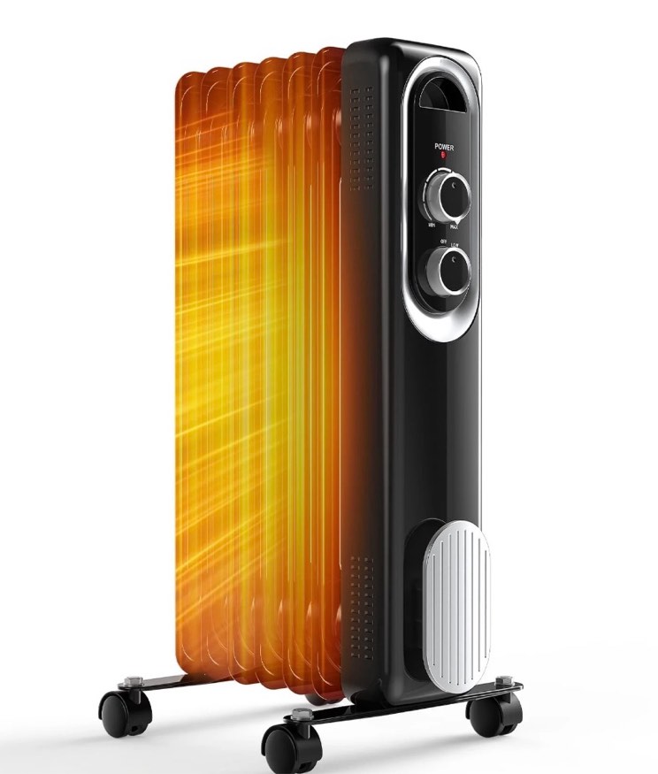 mcq basic electric oil filled radiator, space heater with adjustable thermostat for office bedroom home, black