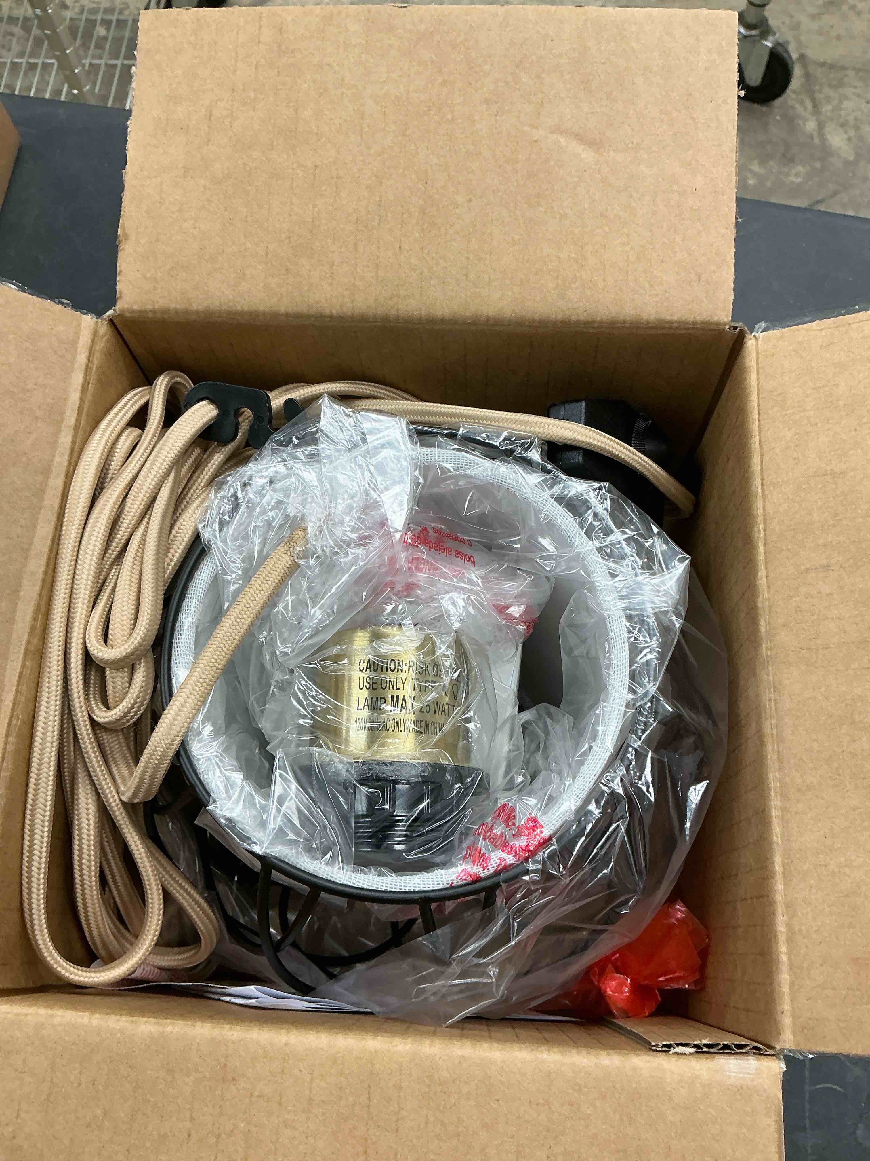 Condition photo showing New/Like New for Plug in Pendant Light, Black Farmhouse Hanging Lights with Linen Shade, 15ft Golden Cotton Cord, Industrail Ceiling Lamp with Dimmable Switch, for Kitchen Island Living Room (Bulb Included)