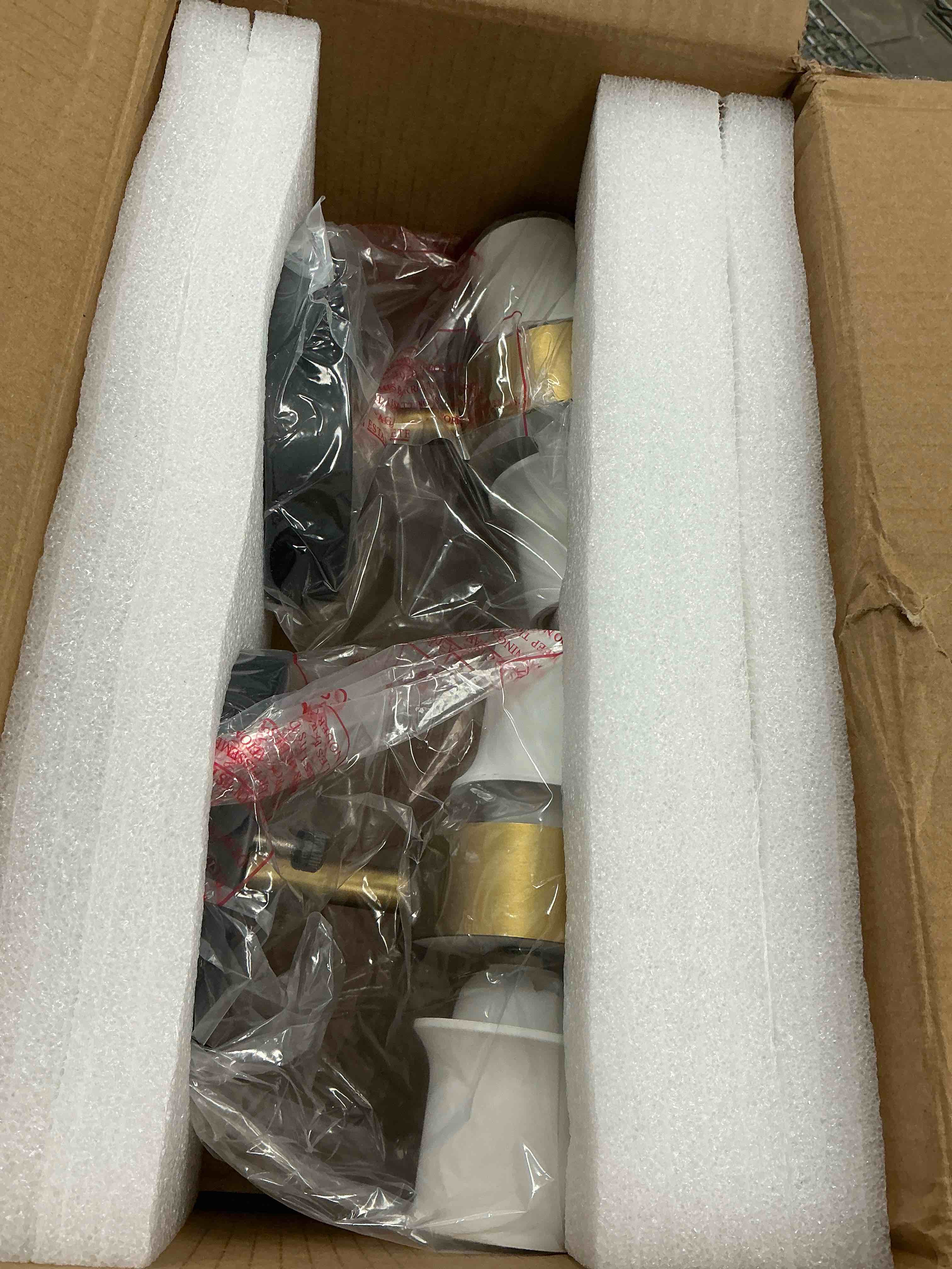 Condition photo showing New/Like New for Wall Sconces Set of Two, HWH 14.3 Inch Black and Gold Bathroom Sconces with Frosted Milk White Striped Glass, Up Down Modern Wall Light fixtures for Living Room Bedroom, 5HZG97B-2W-2PK BK+BG Black and Gold 2-Light*2