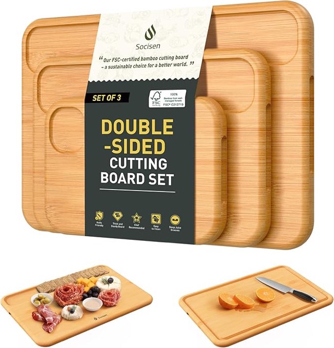 3 Packs Bamboo Cutting Board Set Non Toxic Wood Cutting Boards for Kitchen with Juice Grooves Built-