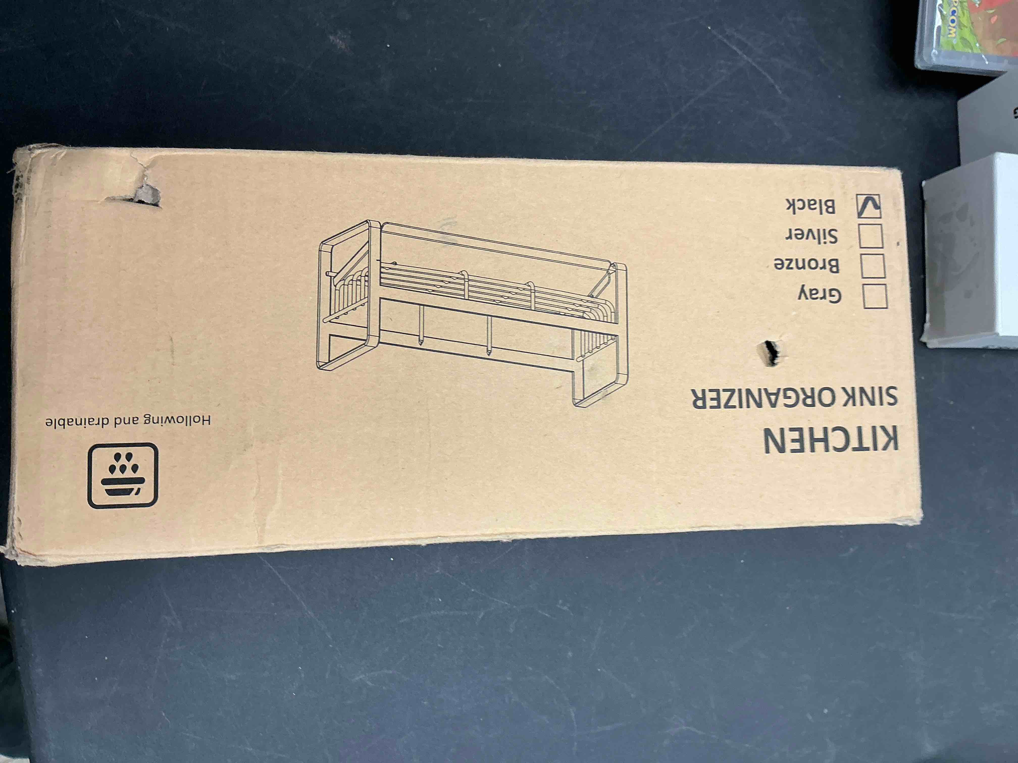 Condition photo showing New/Like New for Sponge Holder for Kitchen Sink,Stainless Steel Kitchen Sink Organizer with Auto Draining Tray,Countertop Sink Caddy for Sponge Holder Soap Brush Dispenser,Black-Large Black Large(Self-Drainage)