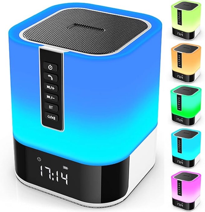 Night Lights Bluetooth Speaker, Alarm Clock Bluetooth Speakers Touch Sensor Bedside Lamp Dimmable Multi-Color Changing Bedside Lamp, MP3 Player, Wireless with Lights Silver