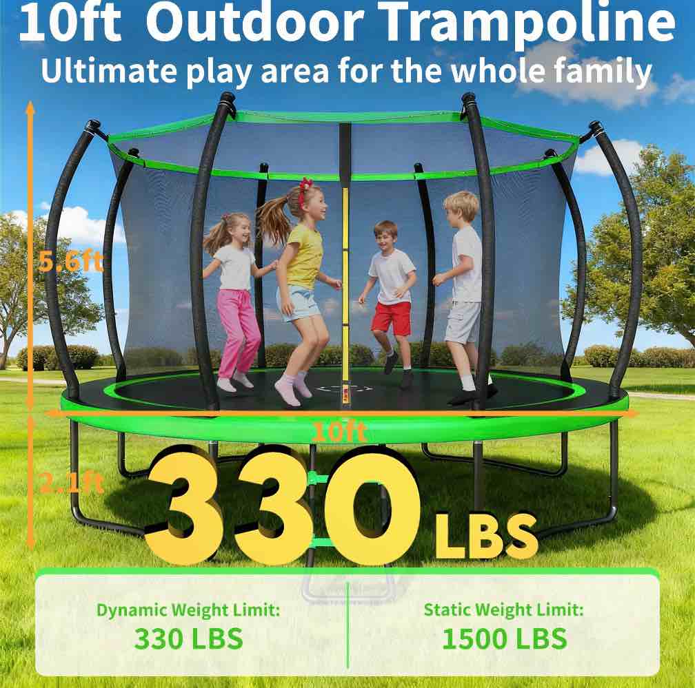 Condition photo showing As Is for Outdoor Trampoline,Fashionsport Outfitters 10FT Round Trampoline with LED Lights, Recreational Backyard Trampolines Anti-Rust for Kids and Adults with Net and Ladder