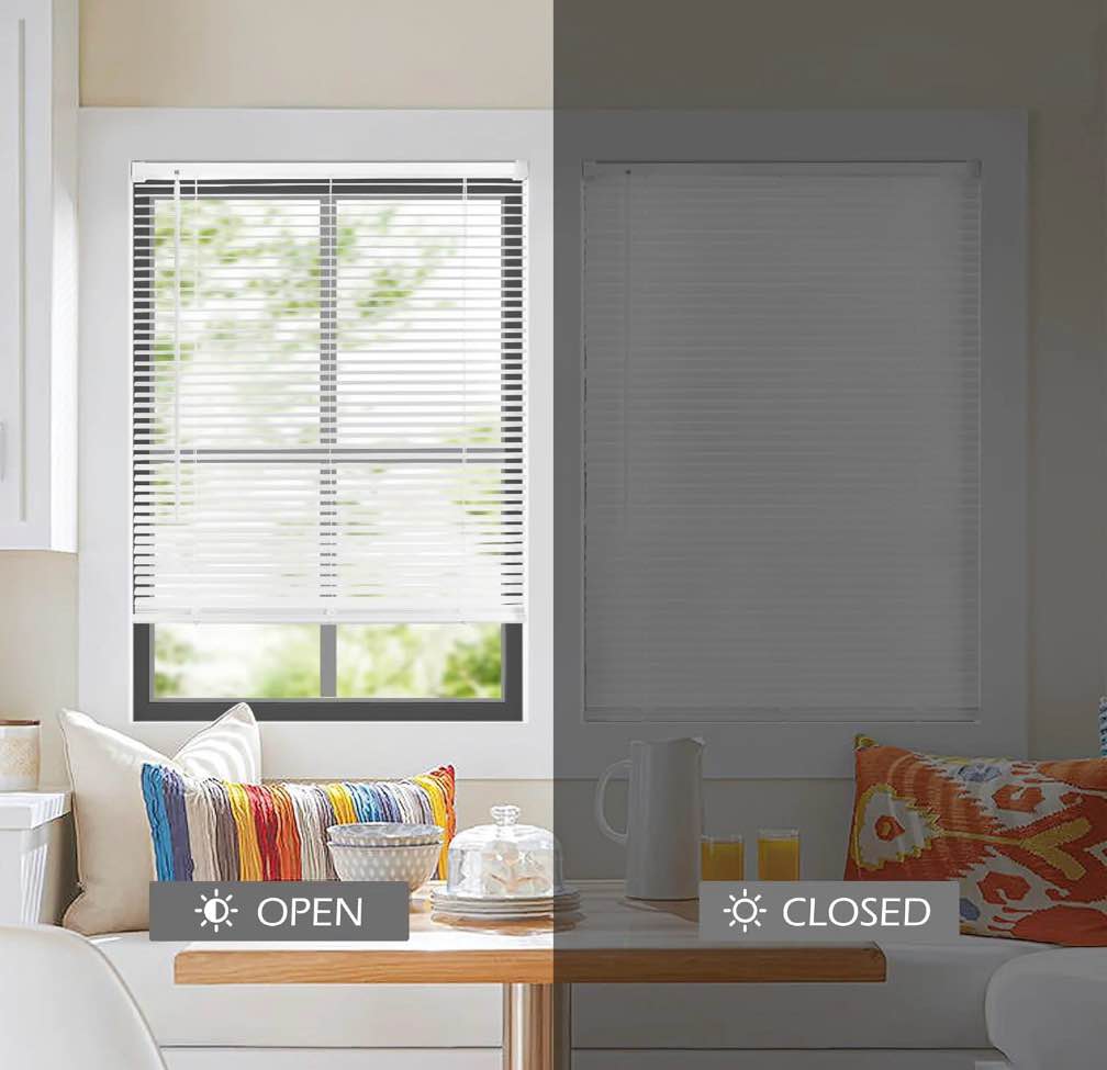 Condition photo showing Good Condition for LazBlinds Cordless 1  Vinyl Horizontal Mini Blinds  Light Filtering Blinds for Windows  Blinds and Shades for Windows Size 34  W x 64  H  White