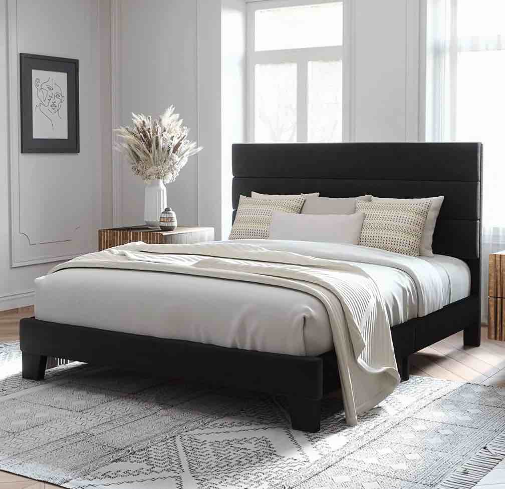 Allewie Queen Size Platform Bed Frame with Velvet Headboard/Fully Upholstered Mattress Foundation, No Box Spring Needed, Black
