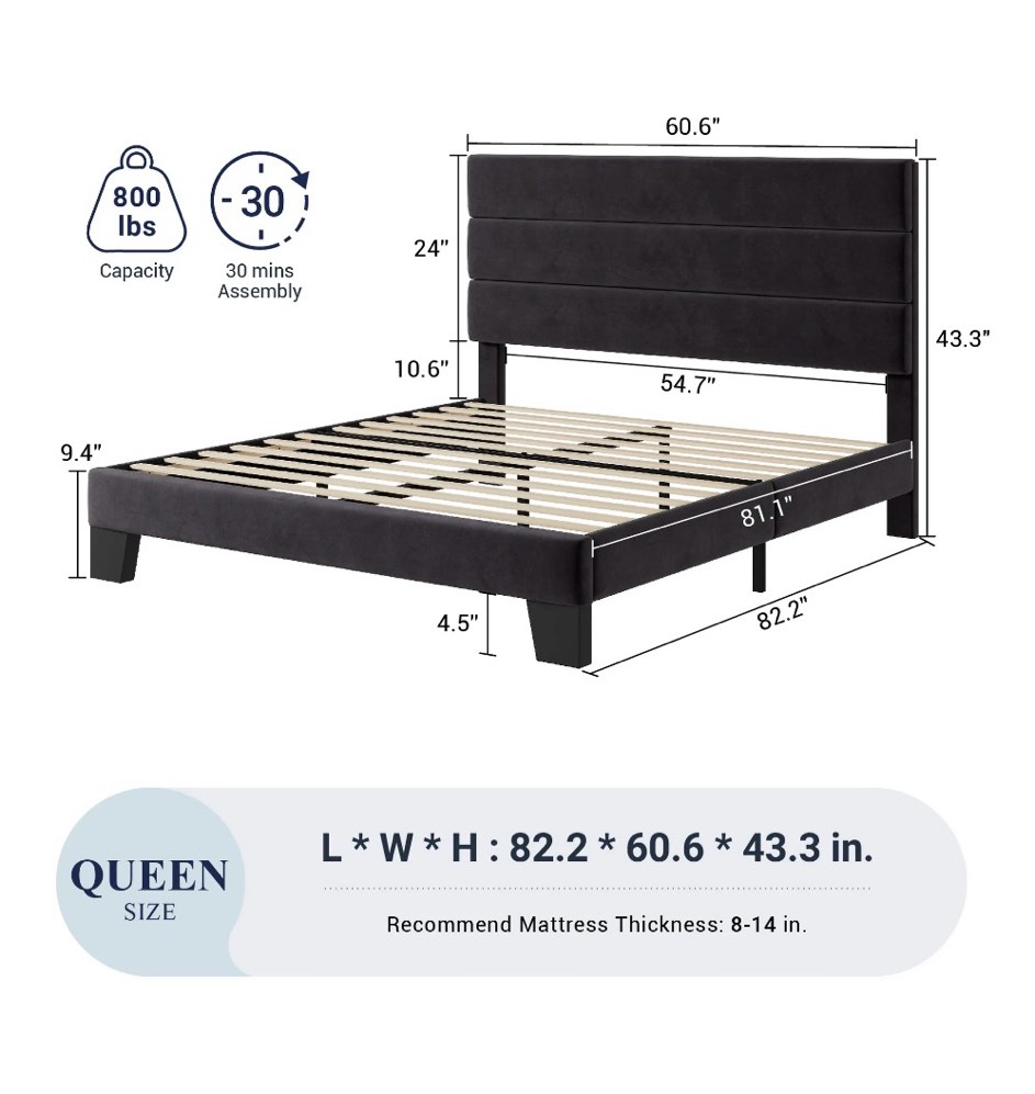 Condition photo showing Good Condition for Allewie Queen Size Platform Bed Frame with Velvet Headboard/Fully Upholstered Mattress Foundation, No Box Spring Needed, Black