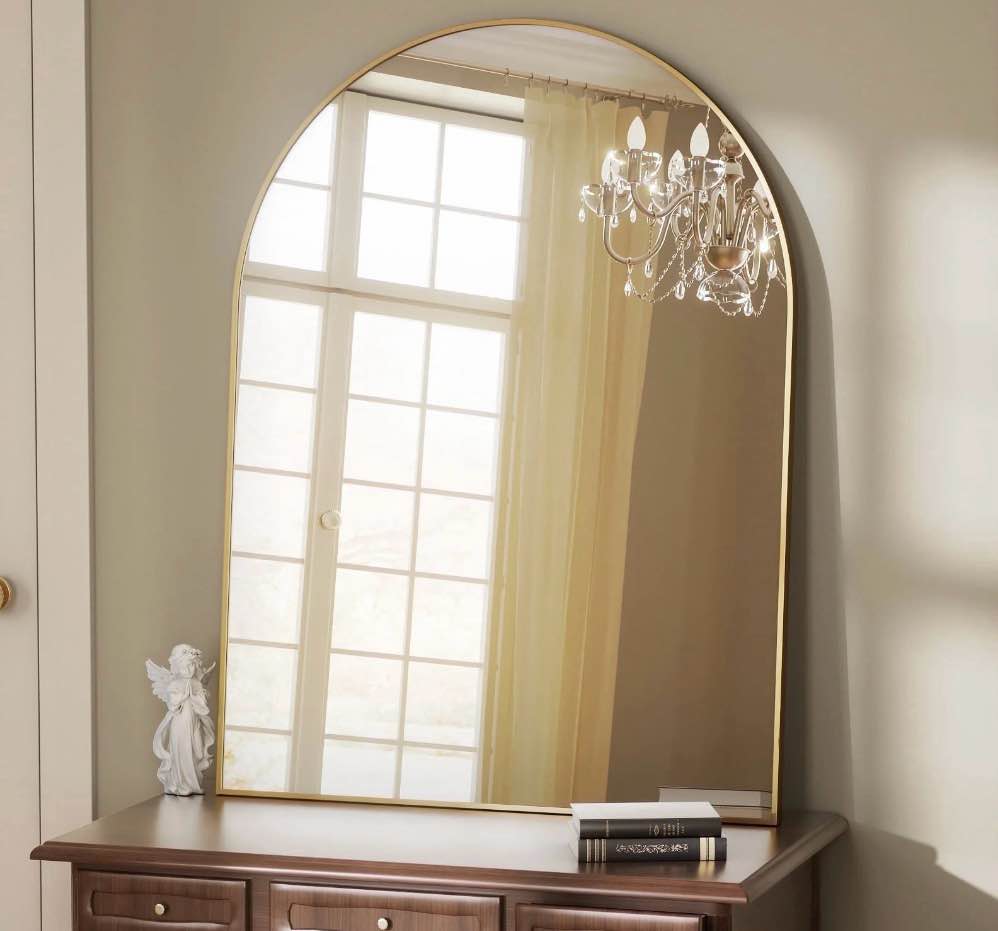 BEAUTYPEAK 30"x 40" Bathroom Mirror Wall Vanity Arched Mirror, Gold, Crown Shape
