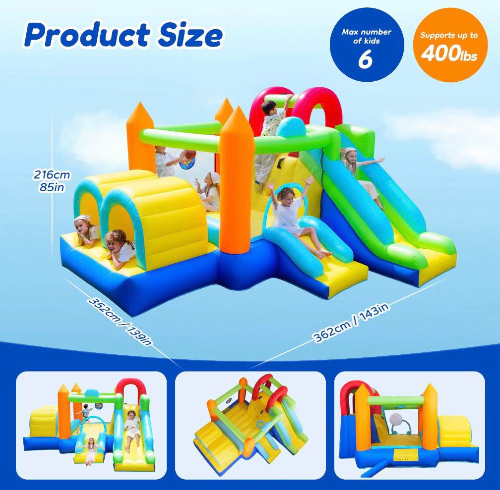 Condition photo showing Good Condition for Inflatable Bounce House, 7 in 1 Large Bounce Castle for Kids 3-10, Backyard Jumping Bouncy Castle with Long Slide, Climbing Wall, Tunnel, Trampoline, Children's Outdoor Party - with Blower