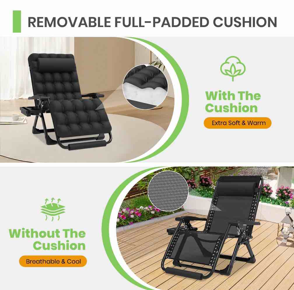 GVDV Oversized Zero Gravity Chair, 33In XXL Lounge Chair 500lbs Capcity with Removable Thick Cushion, Lawn Patio Reclining Chair Upgraded Alloy Lock and Cup Holder, for Indoor Outdoor, Black