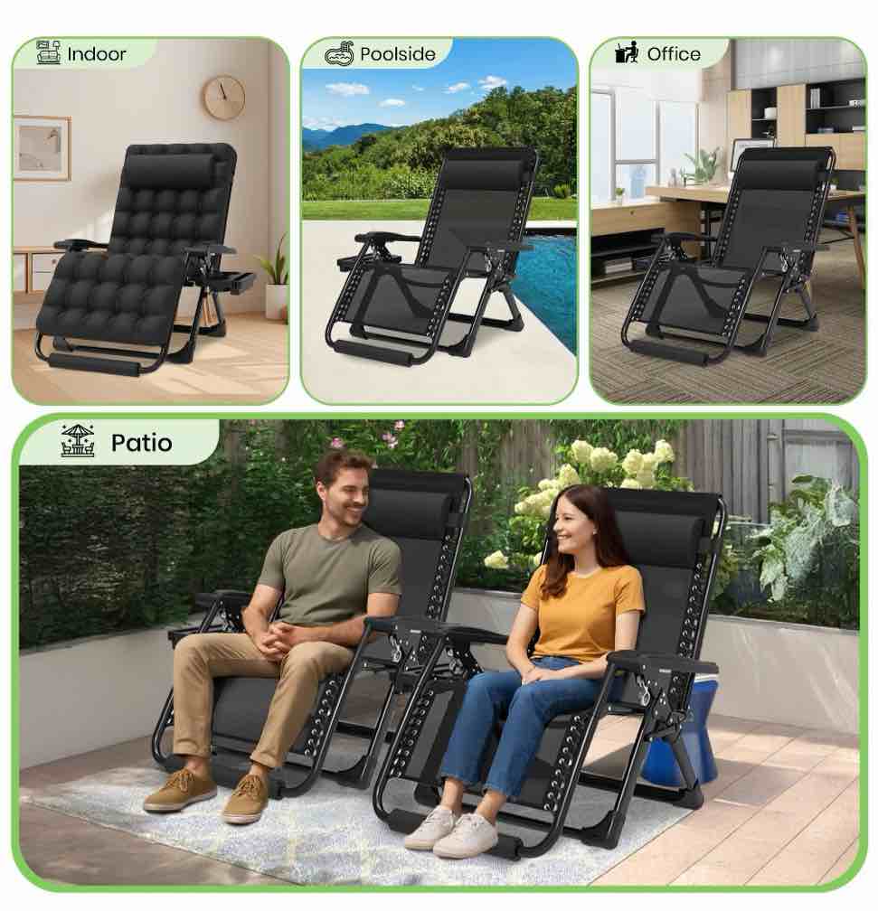 Condition photo showing New/Like New for GVDV Oversized Zero Gravity Chair, 33In XXL Lounge Chair 500lbs Capcity with Removable Thick Cushion, Lawn Patio Reclining Chair Upgraded Alloy Lock and Cup Holder, for Indoor Outdoor, Black