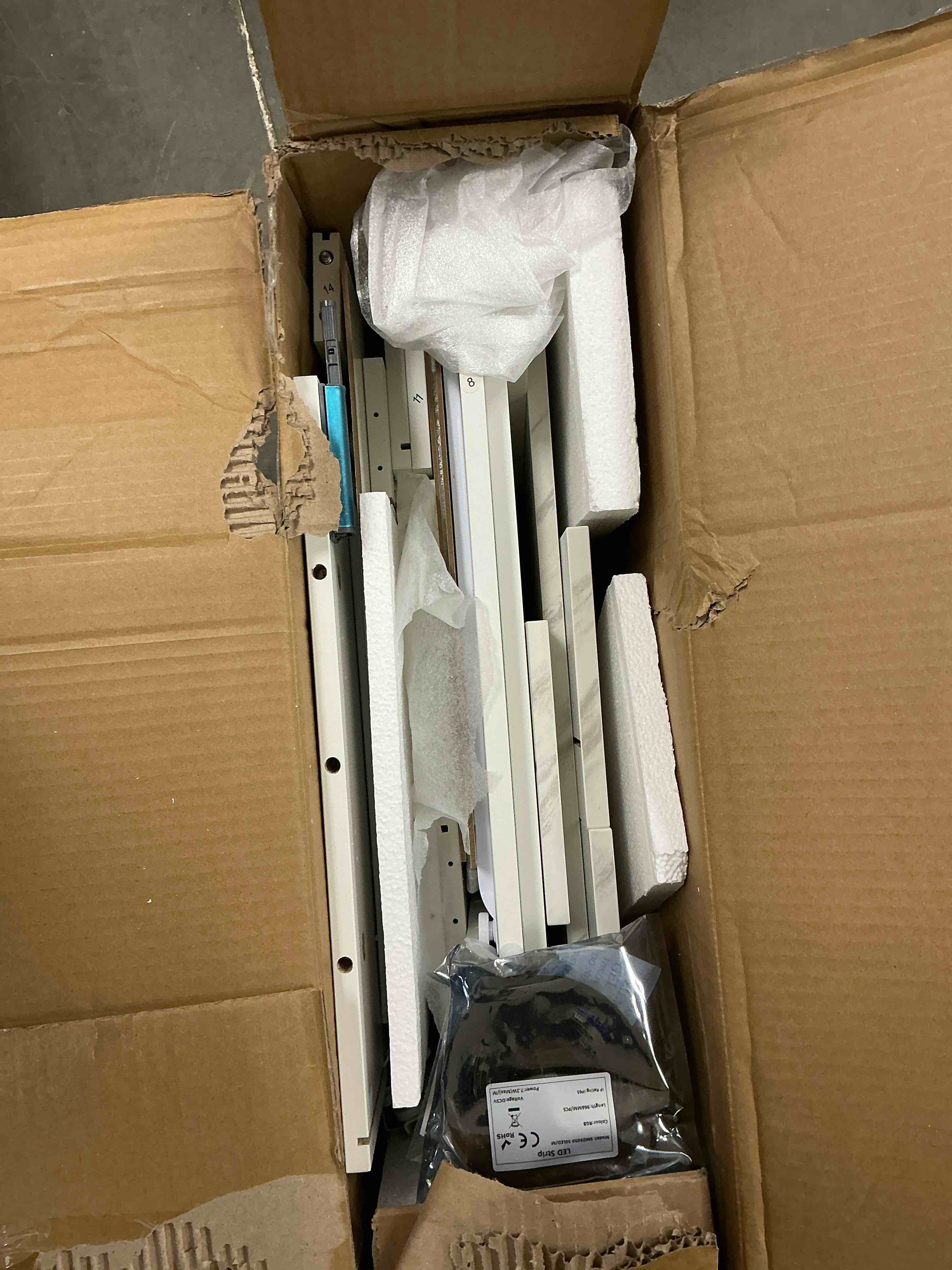 Condition photo showing As Is for GALAXHERO Nightstand with Charging Station, LED Lights, Side Table Top, 3 Drawers Bedside Table  Modern End Table for Bedroom, Living Room, White