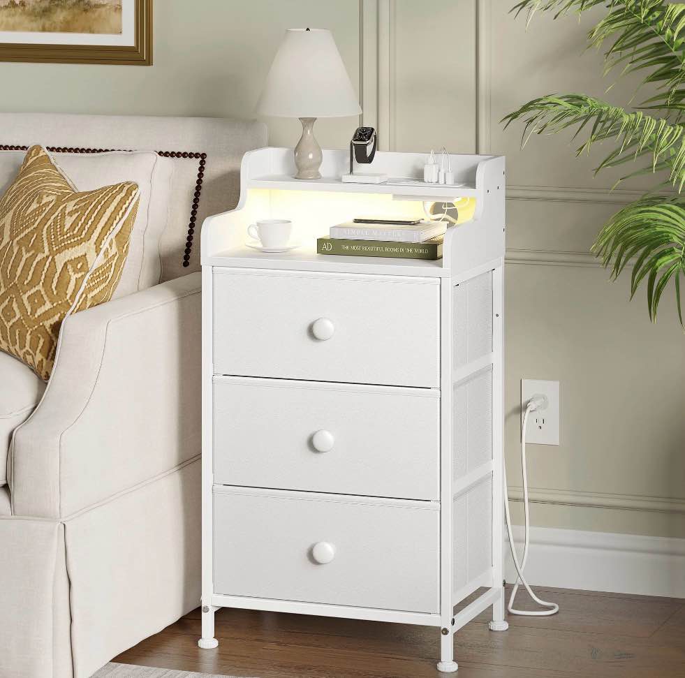 Condition photo showing As Is for GUNAITO 3 Drawers Nightstand with Charging Station, Bedside Table with LED Light, Modern End Side Table for Bedroom Living Room?White