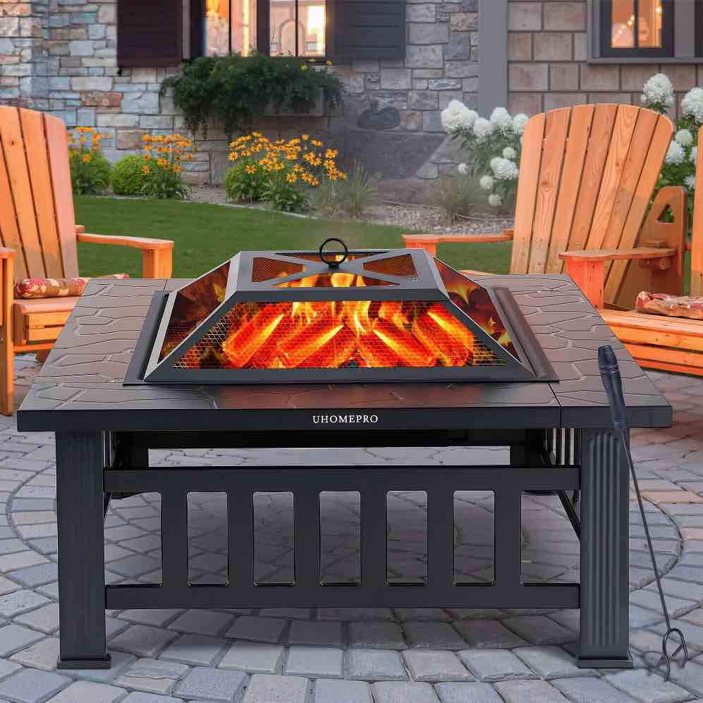 Fire Pits for Outside, 32" Wood Burning Fire Pit Tables with Screen Lid, Poker, BBQ Net, Ice Tray, Food Clip and Cover, Backyard Patio Garden Outdoor Fire Pit/Ice Pit/BBQ Fire Pit, Black
