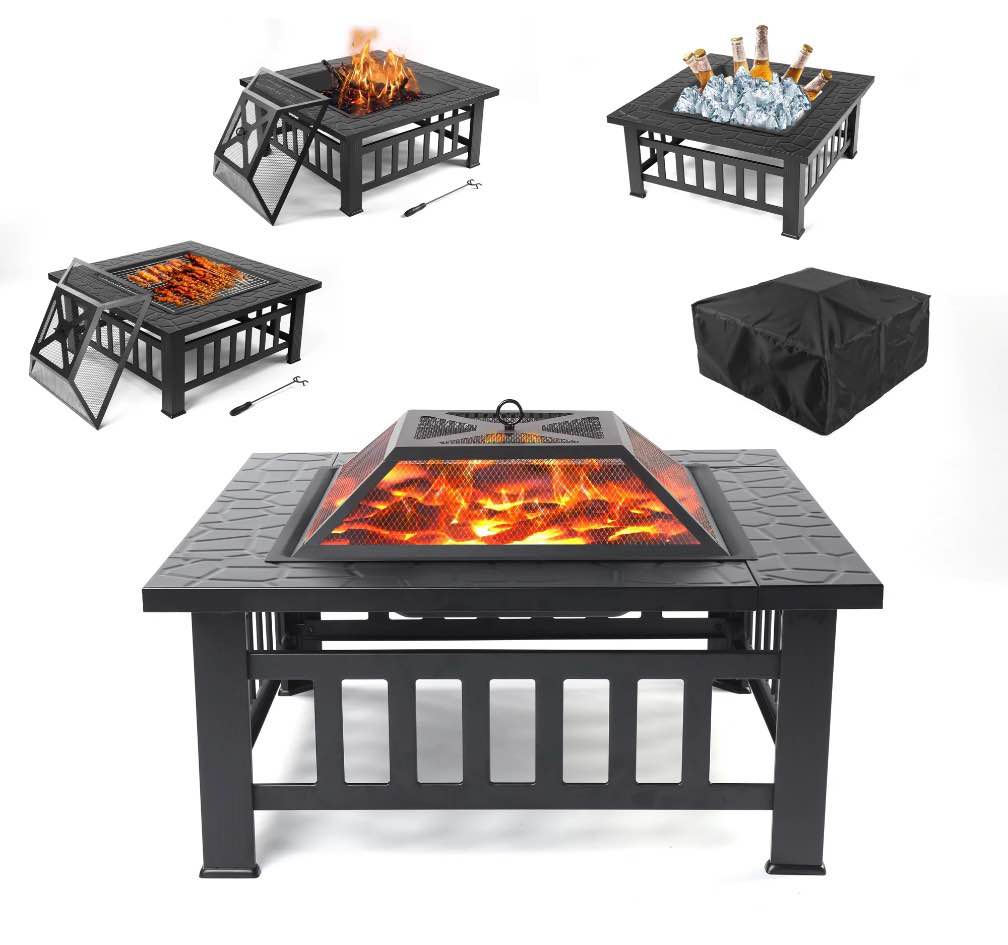 Condition photo showing New/Like New for Fire Pits for Outside, 32" Wood Burning Fire Pit Tables with Screen Lid, Poker, BBQ Net, Ice Tray, Food Clip and Cover, Backyard Patio Garden Outdoor Fire Pit/Ice Pit/BBQ Fire Pit, Black
