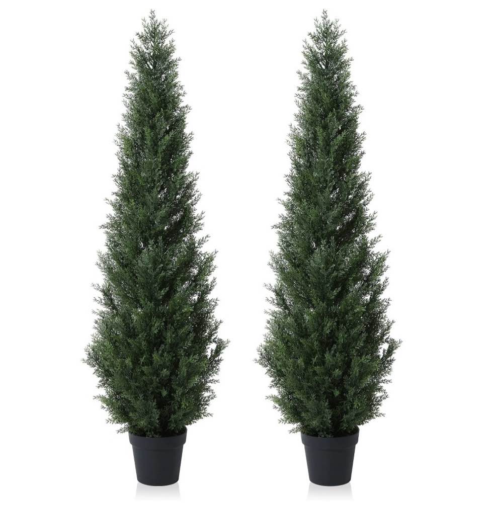 Artificial Cedar Tree 5 FT Artificial Cedar Topiary Trees for Outdoors Potted Fake Cypress Trees Faux Evergreen Plants for Home Porch Decor Set of 2