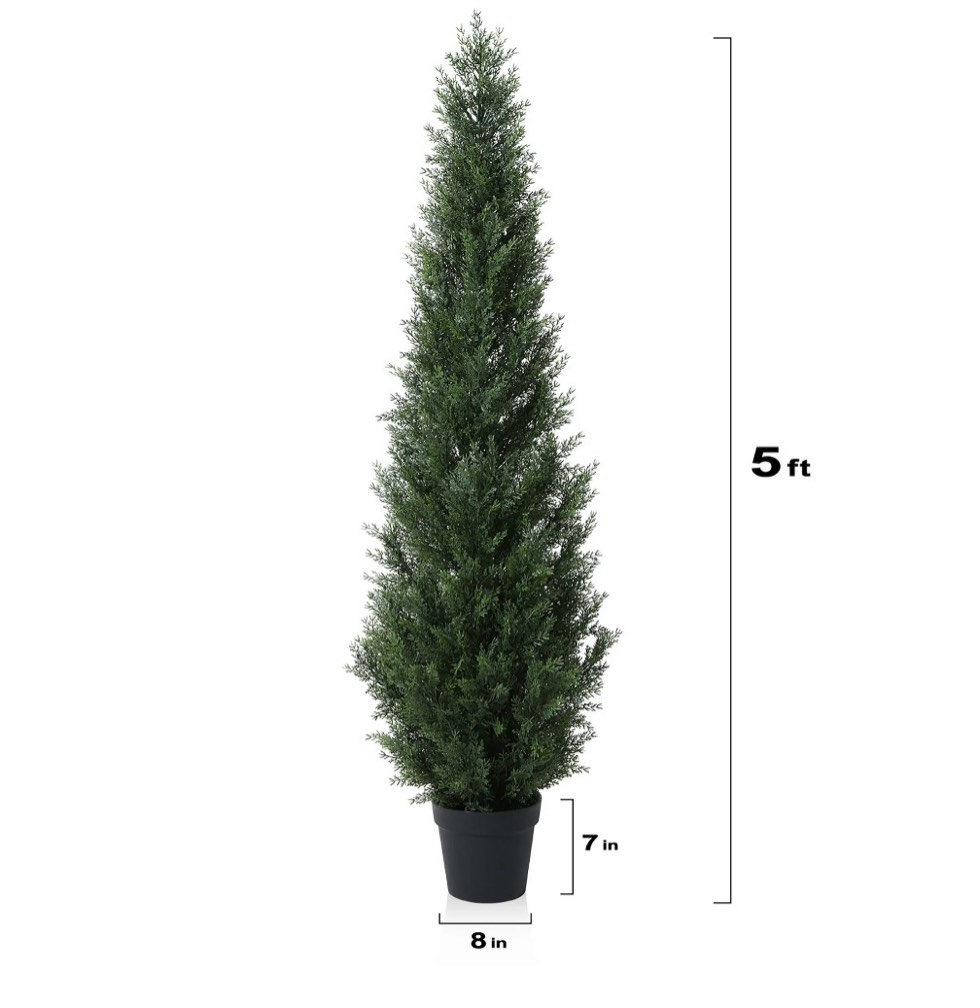 Condition photo showing Good Condition for Artificial Cedar Tree 5 FT Artificial Cedar Topiary Trees for Outdoors Potted Fake Cypress Trees Faux Evergreen Plants for Home Porch Decor Set of 2