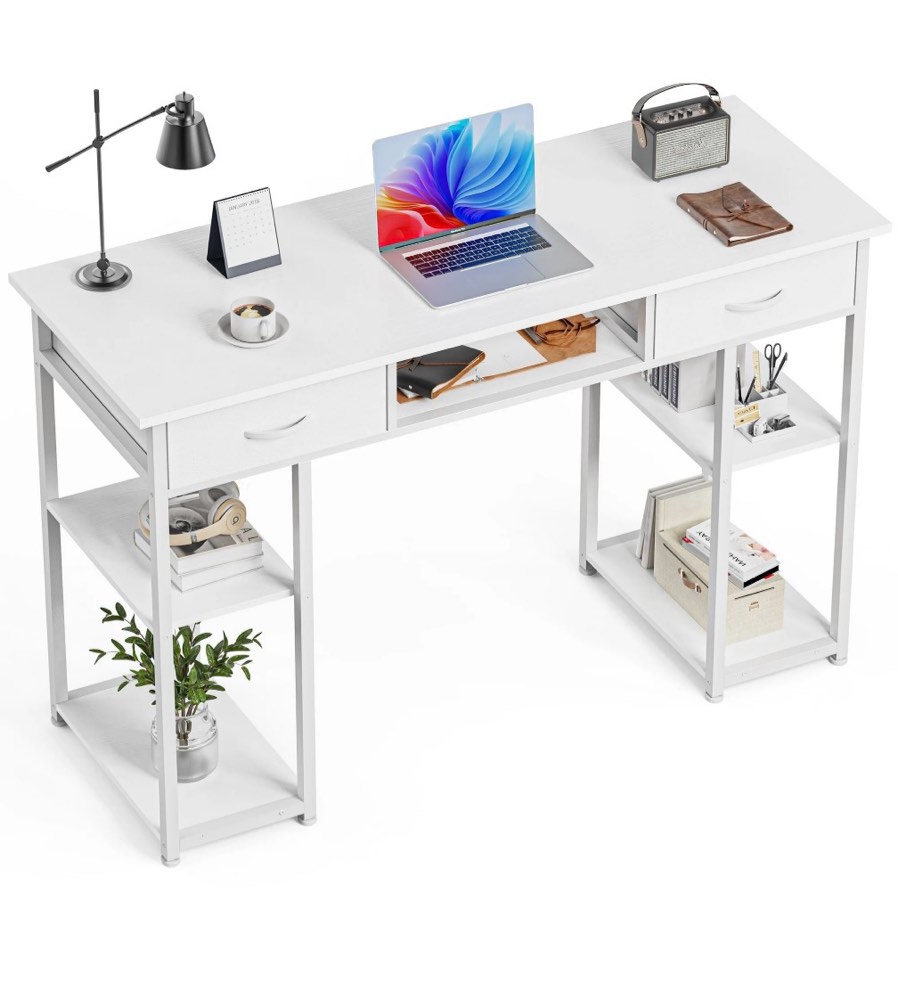edx Small Desk Fabric Drawers & Storage Shelves, Home Office Computer Desk, Writing Desk Small Space Desk Study Table for Home, Bedroom, 48 Inch, White