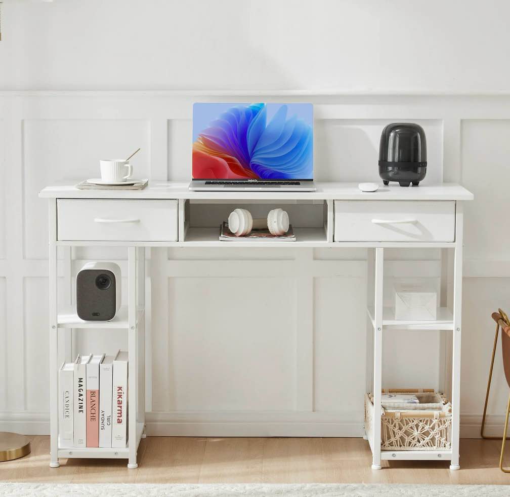 Condition photo showing New/Like New for edx Small Desk Fabric Drawers & Storage Shelves, Home Office Computer Desk, Writing Desk Small Space Desk Study Table for Home, Bedroom, 48 Inch, White