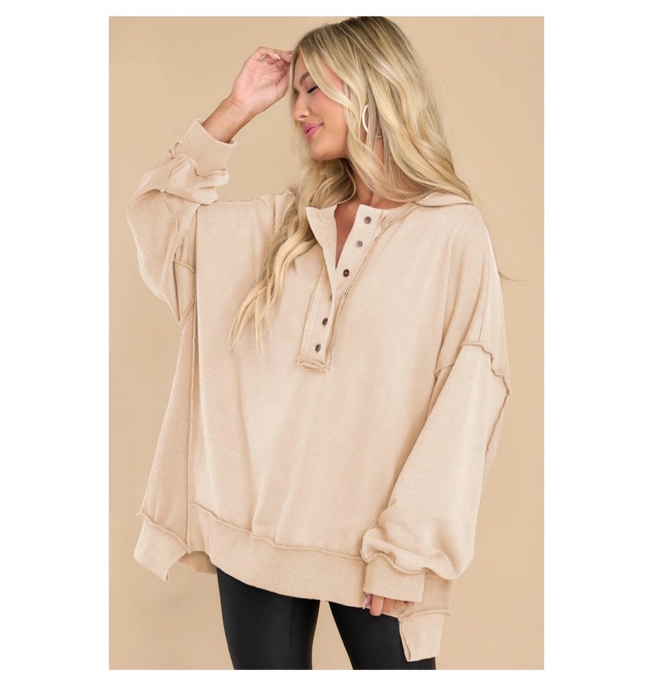 Condition photo showing New/Like New for SHEWIN Sweatshirts Women Oversized Pullover Tops Plus Size Long Sleeve Button Henley Neck Sweatshirts for Women Patchwork Shirts Apricot size M 