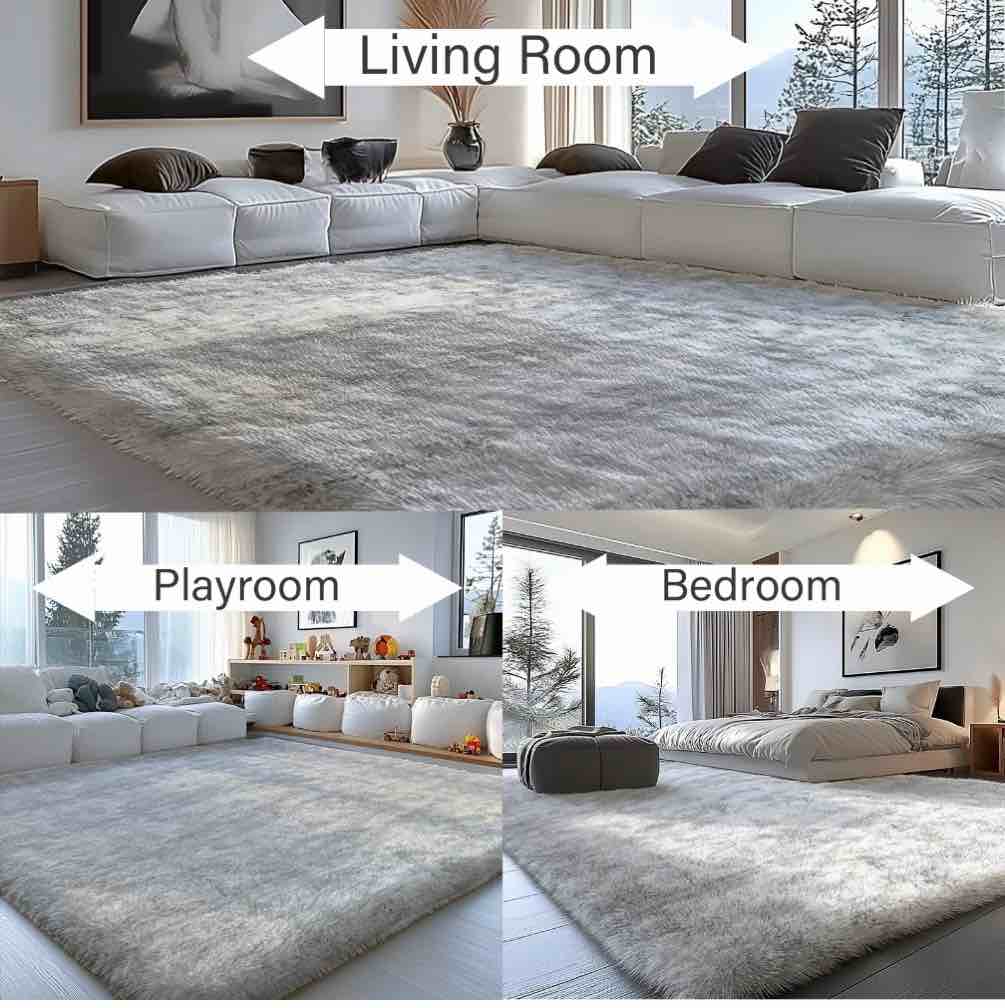 Condition photo showing Good Condition for Pentantan 9’ x 12’ Shag Area Rugs  Soft Fluffy Indoor Carpet for Living Room Bedroom Decor  Tie-dyed Light Gray