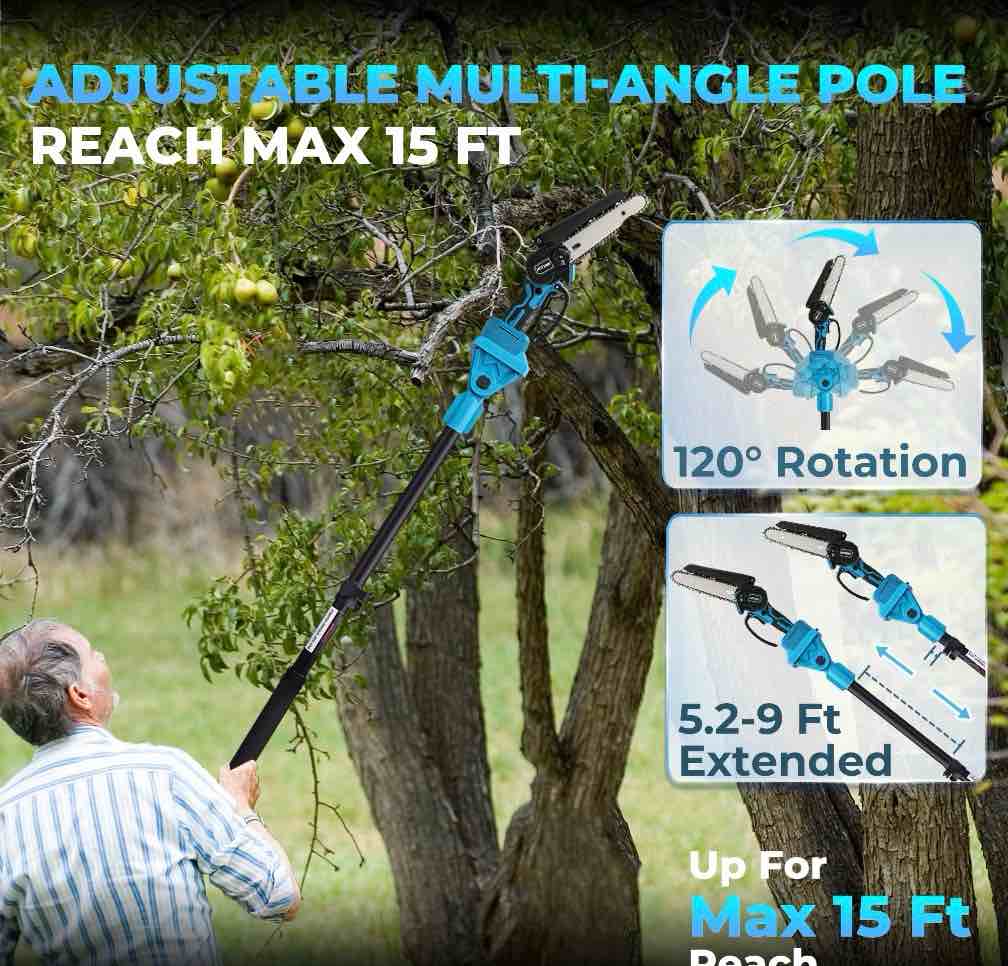 HOTREE 2 in 1 Cordless Pole Saw, 6-inch Pole Chainsaw Mini Handheld Chainsaw, 15 ft Extension Pole Saw for Effortless Tree Trimming